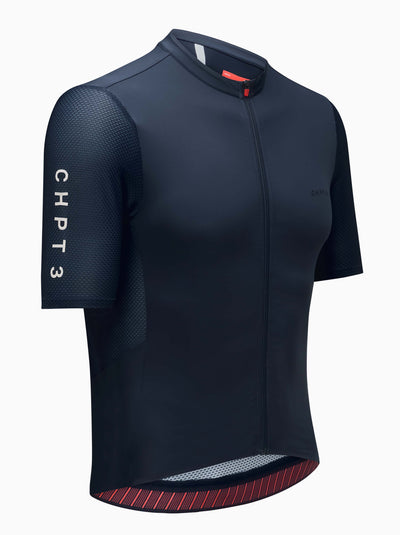 CHPT3 Men's Aero short sleeve jersey, in outer space blue, viewed from side. #color_outer-space-blue