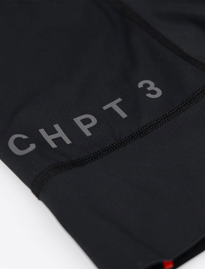 CHPT3 men's Grand Tour Bib shorts, in Carbon black viewed close up detail #color_carbon-black