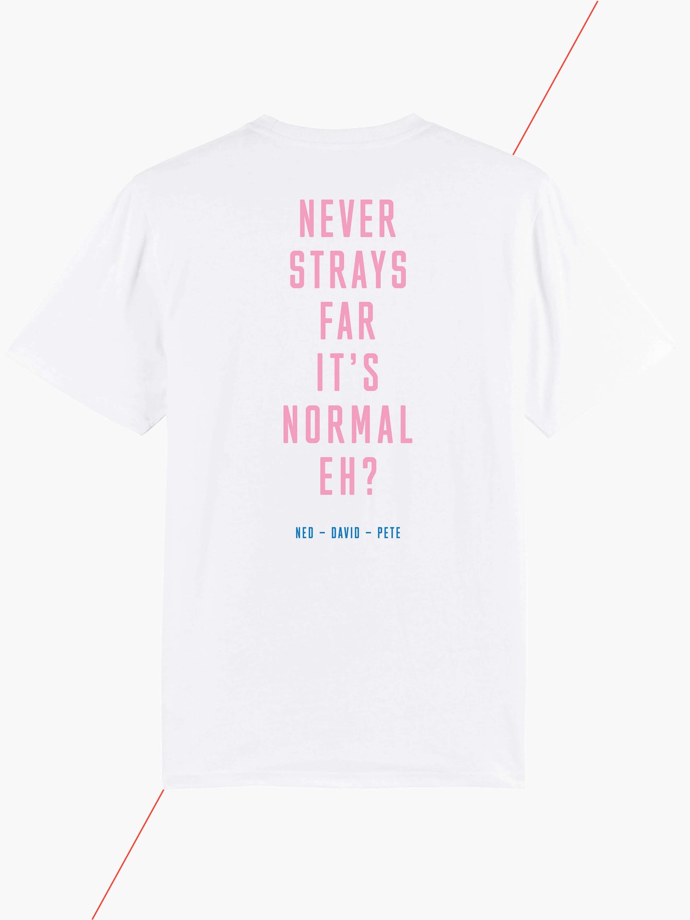 Never Strays Far T-shirt in white, view of back #color_white