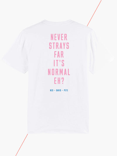 Never Strays Far T-shirt in white, view of back #color_white