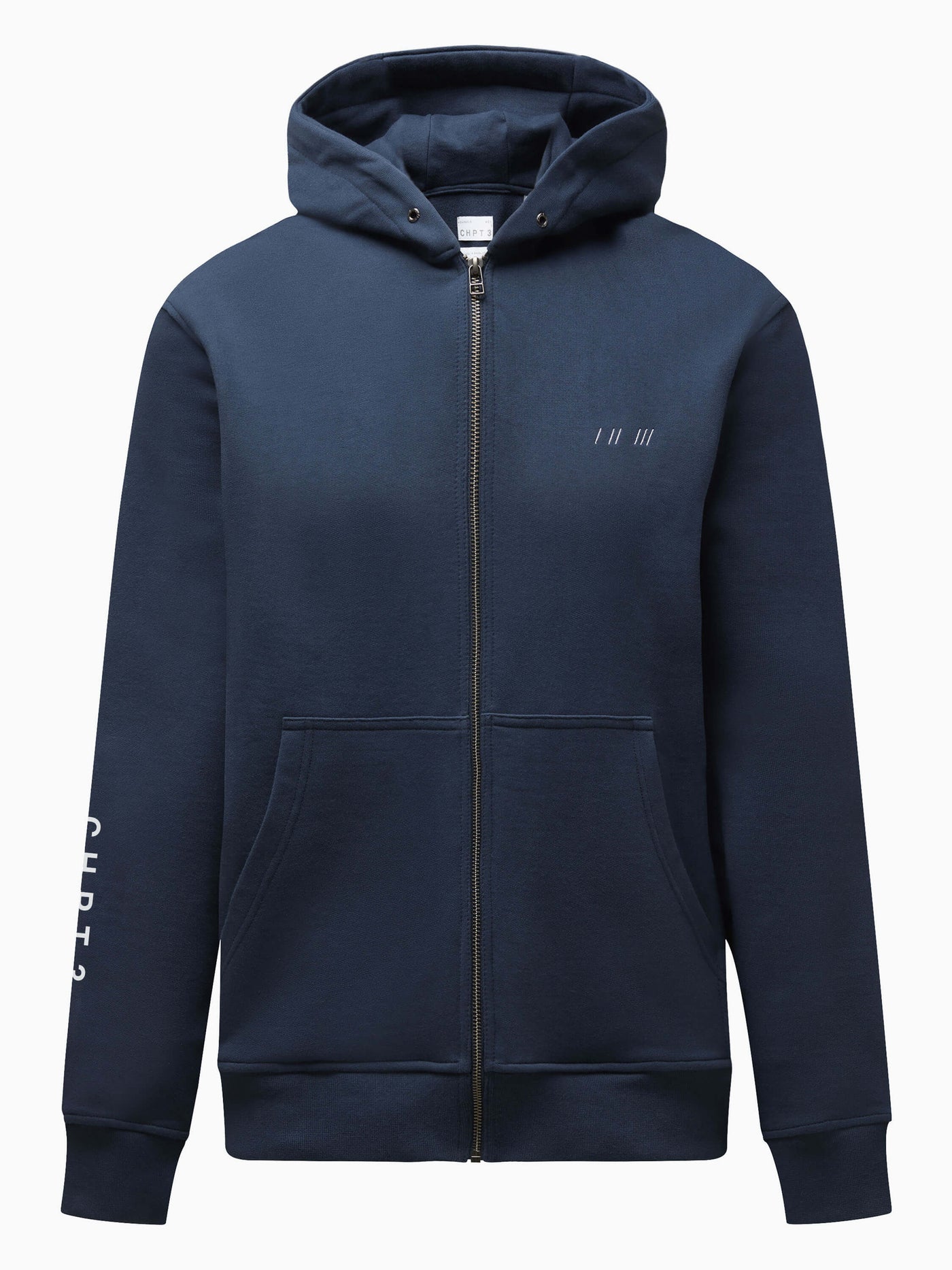 Photo of CHPT3 Elysée Cotton zip hoodie, in Outer Space Navy blue, viewed from the front 