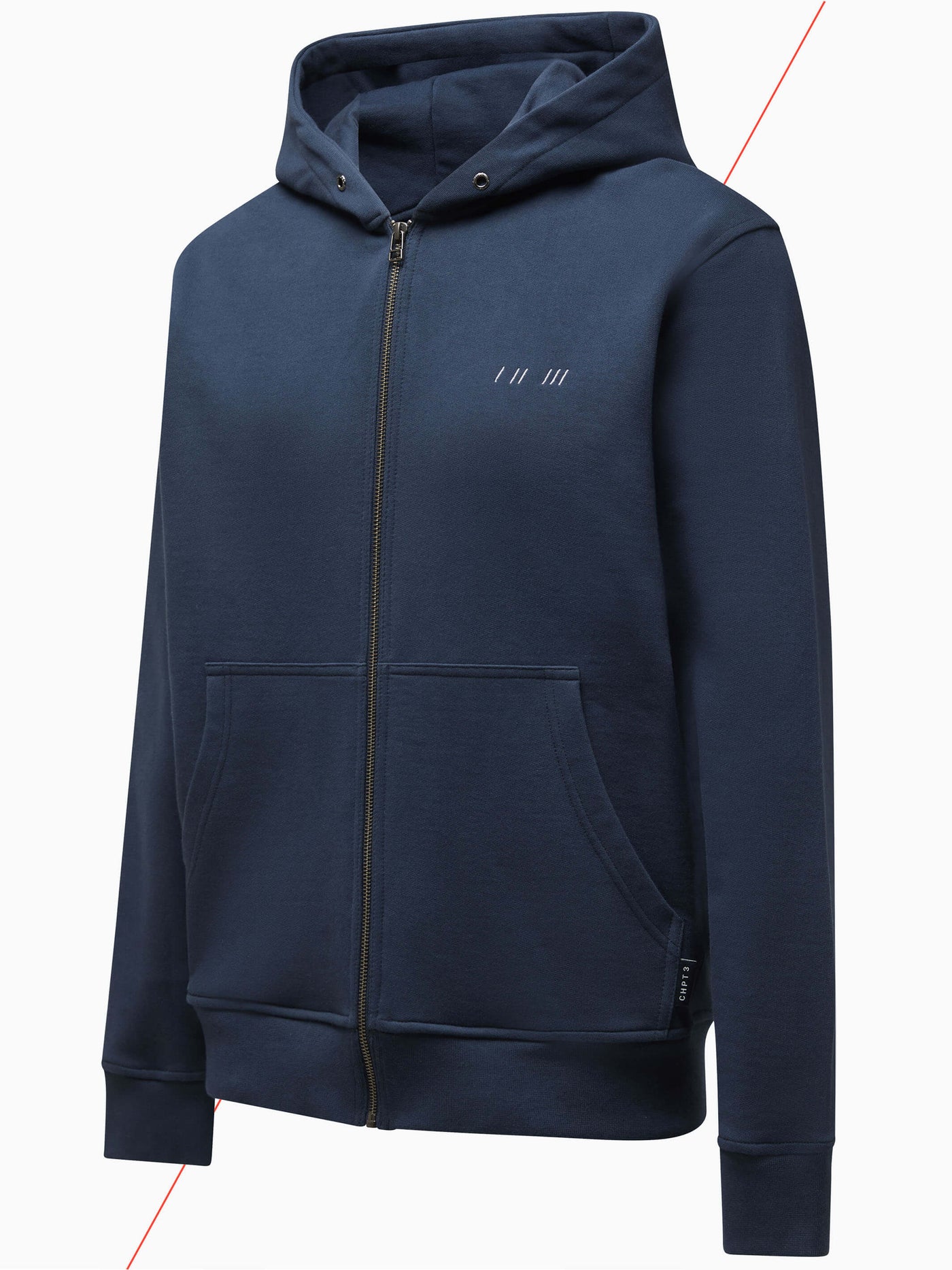 Photo of CHPT3 Elysée Cotton zip hoodie, in Outer Space Navy blue, viewed from the side