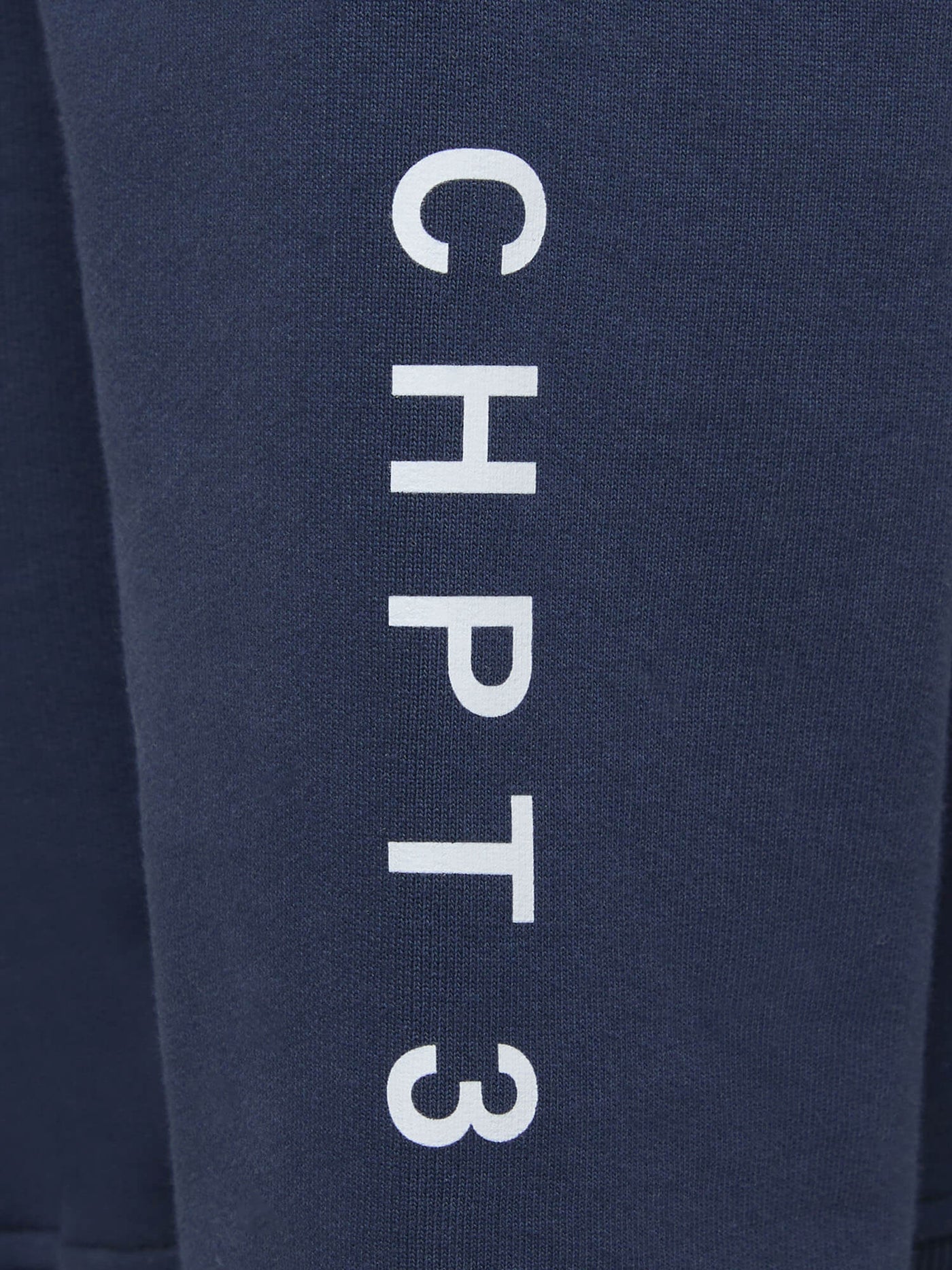 CHPT3 Elysée mens cotton sweatshirt in Outer Space navy blue, close-up of sleeve print #color_outer-space-blue