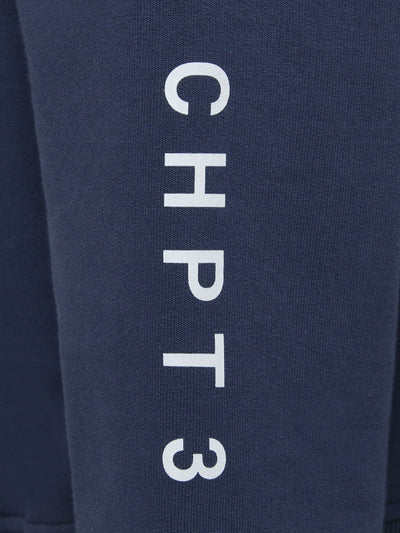 CHPT3 Elysée mens cotton sweatshirt in Outer Space navy blue, close-up of sleeve print #color_outer-space-blue