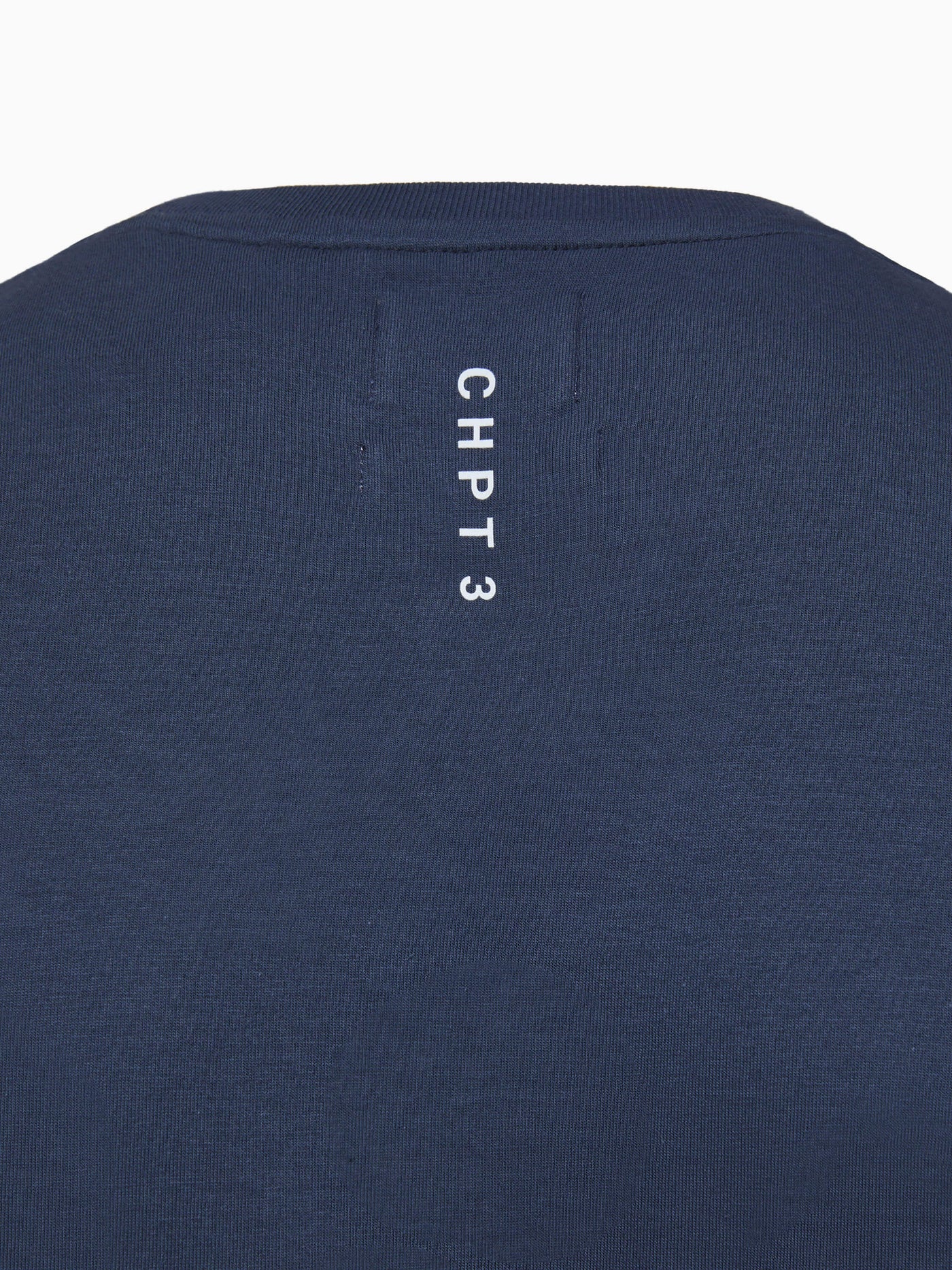 CHPT3 Elysée men's organic cotton t-shirt in colour Outer Space blue, close up showing print detail #color_outer-space-blue