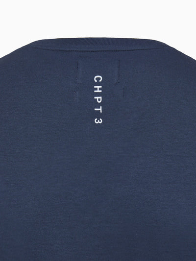 CHPT3 Elysée men's organic cotton t-shirt in colour Outer Space blue, close up showing print detail #color_outer-space-blue