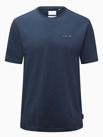 CHPT3 Elysée men's organic cotton t-shirt in colour Outer Space blue, pictured front on #color_outer-space-blue