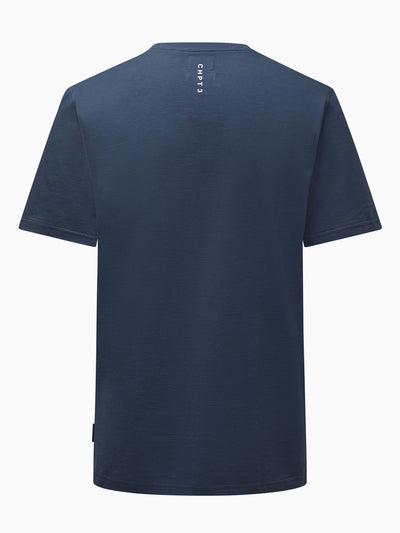 CHPT3 Elysée men's organic cotton t-shirt in colour Outer Space blue, pictured from rear #color_outer-space-blue