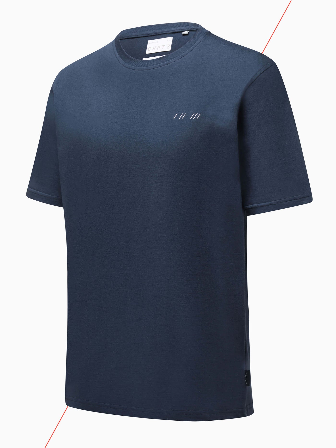 CHPT3 Elysée men's organic cotton t-shirt in colour Outer Space blue, pictured side on #color_outer-space-blue