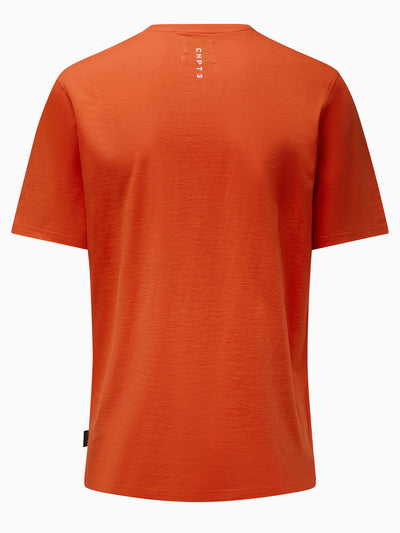 CHPT3 Elysée men's organic cotton t-shirt in colour Fire red, pictured from rear #color_fire-red
