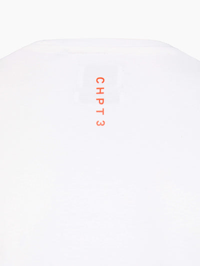 CHPT3 Elysée men's organic cotton t-shirt in colour white, close up showing print detail #color_white