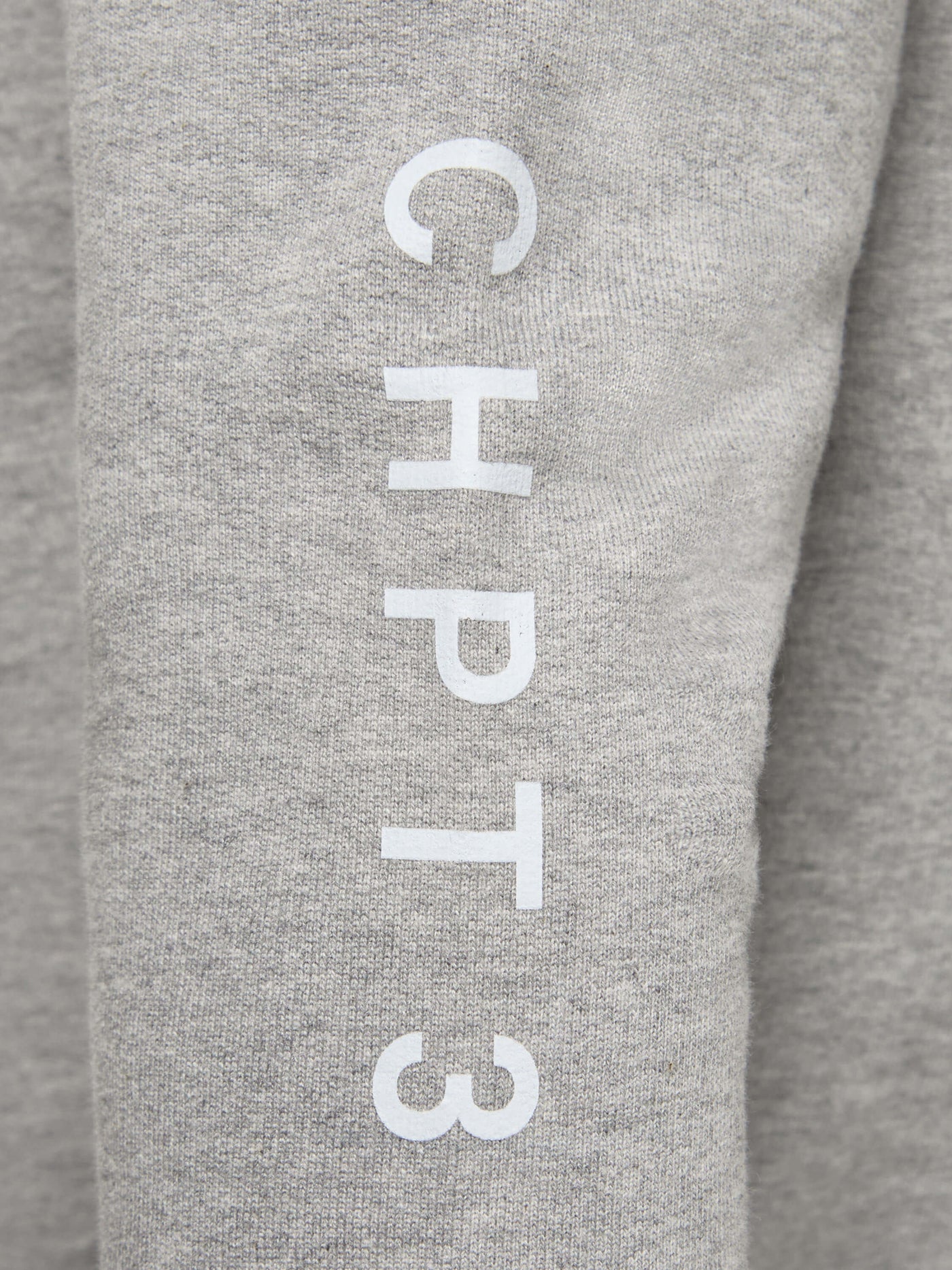 CHPT3 Elysée women's crewneck sweatshirt in grey, close up view of sleeve print #color_grey-marl  