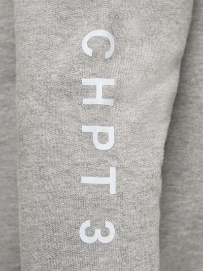 CHPT3 Elysée women's crewneck sweatshirt in grey, close up view of sleeve print #color_grey-marl  