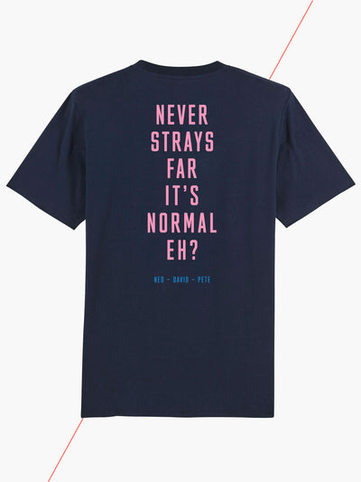 Never Strays Far T-shirt in Navy blue, viewed from rear #color_navy-blue