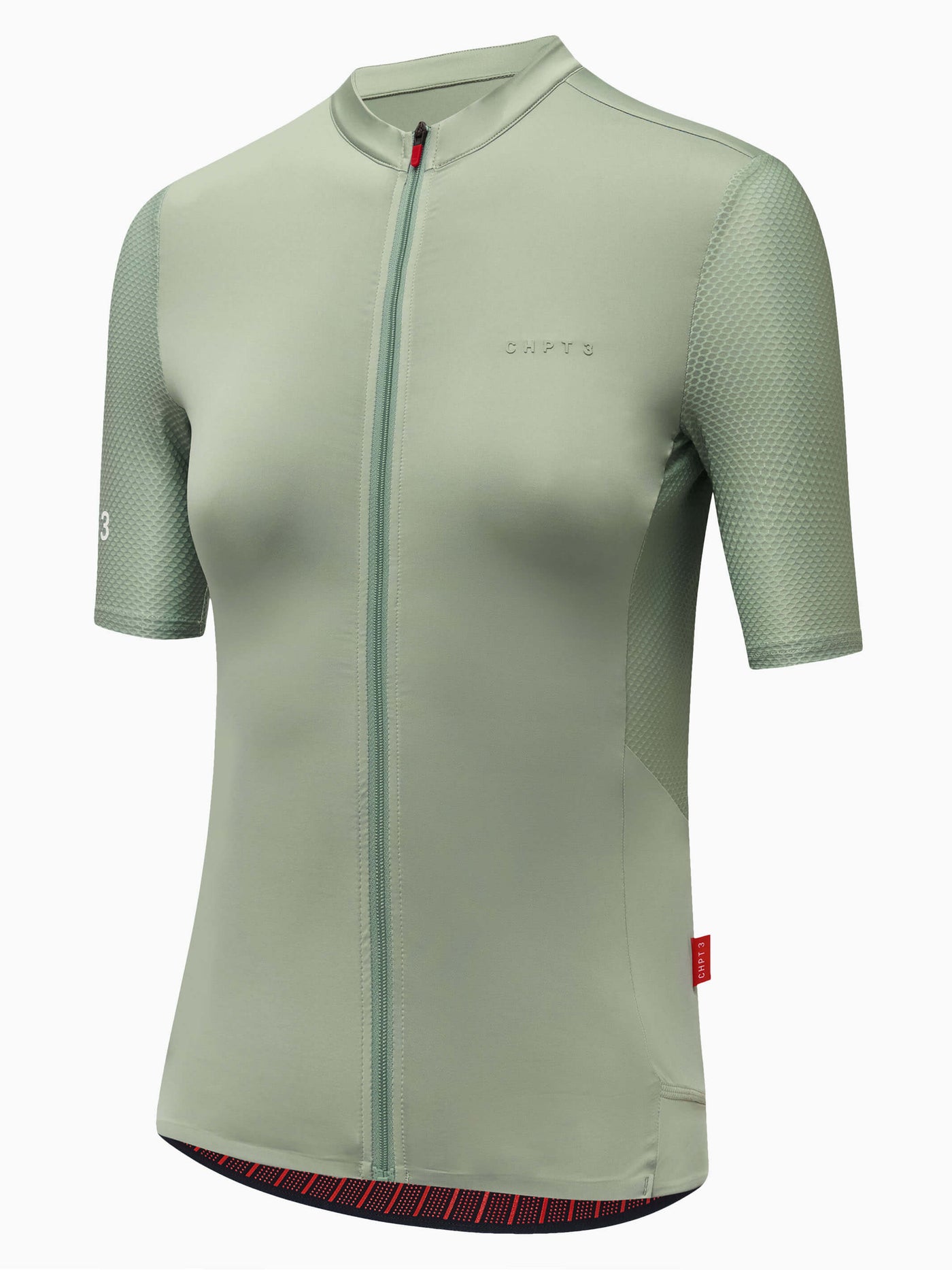 CHPT3 women's short sleeve Aero jersey, in Lichen Green, viewed from side #color_lichen-green