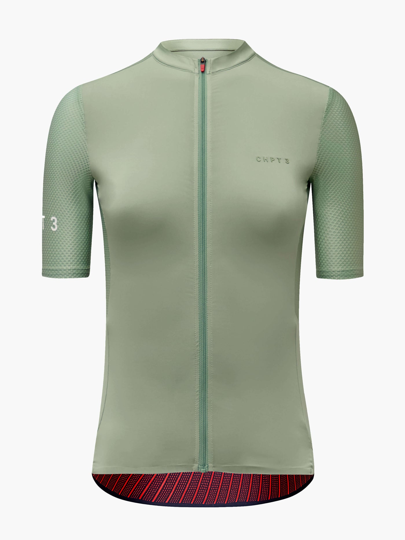 CHPT3 women's short sleeve Aero jersey, in Lichen Green, viewed from front #color_lichen-green