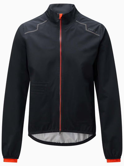 CHPT3 Repeller Rain Jacket Front View. Black with red zip and cuffs.