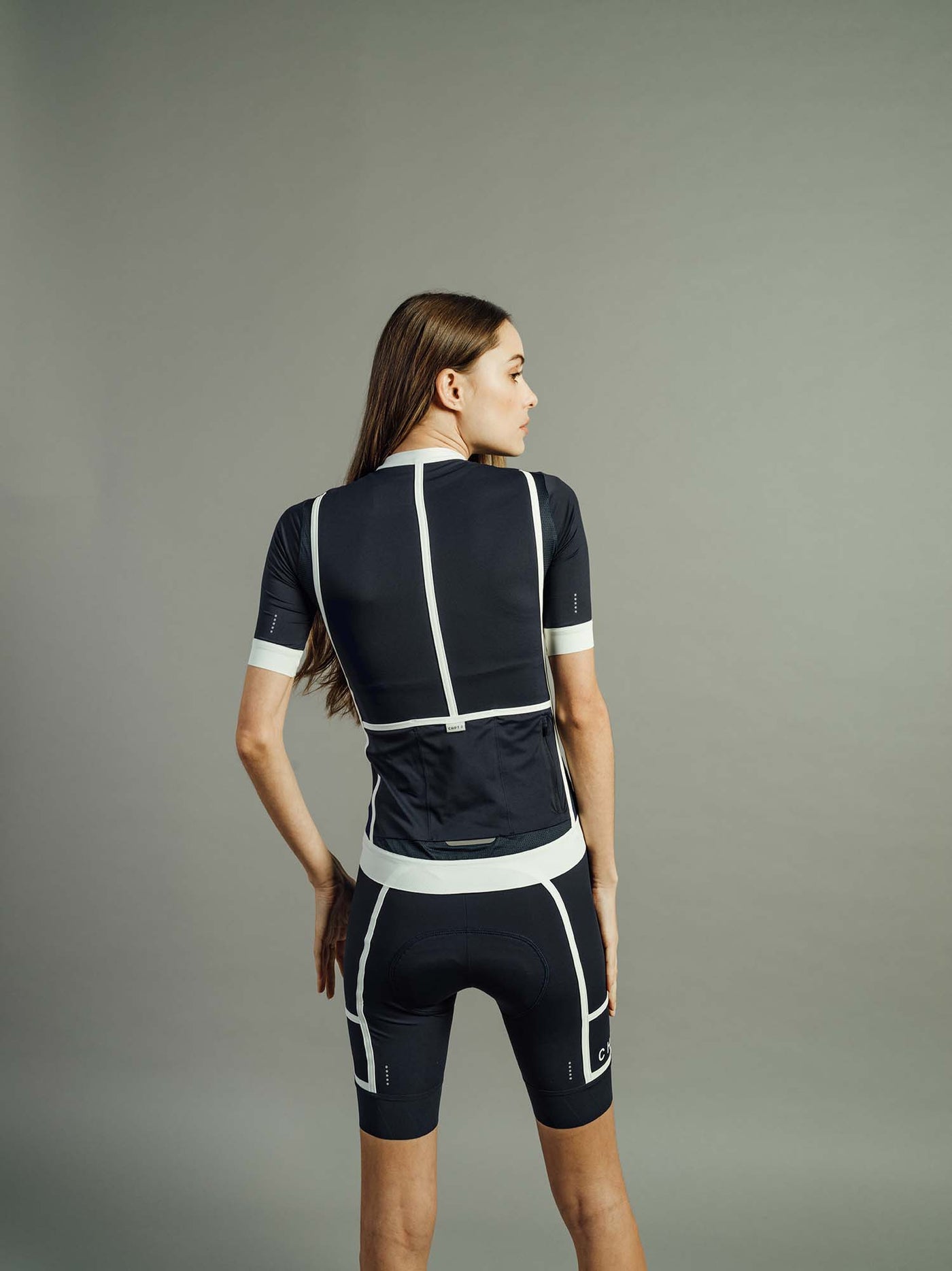 Reverse view of CHPT3 Biarritz Women's Cycling Jersey in Blue and White 