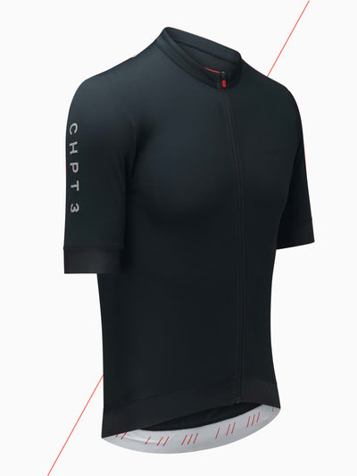 Flat photo from side of CHPT3 Men's Most Days jersey in Carbon Black#color_carbon-black