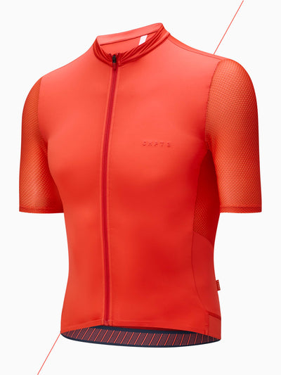 CHPT3 Men's Aero short sleeve jersey, in fire red, viewed from side. #color_fire-red