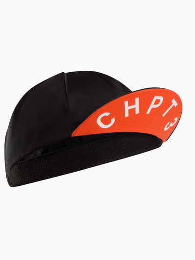CHPT3 cotton cycling cap in Black with peak showing in Fire red #color_carbon-black