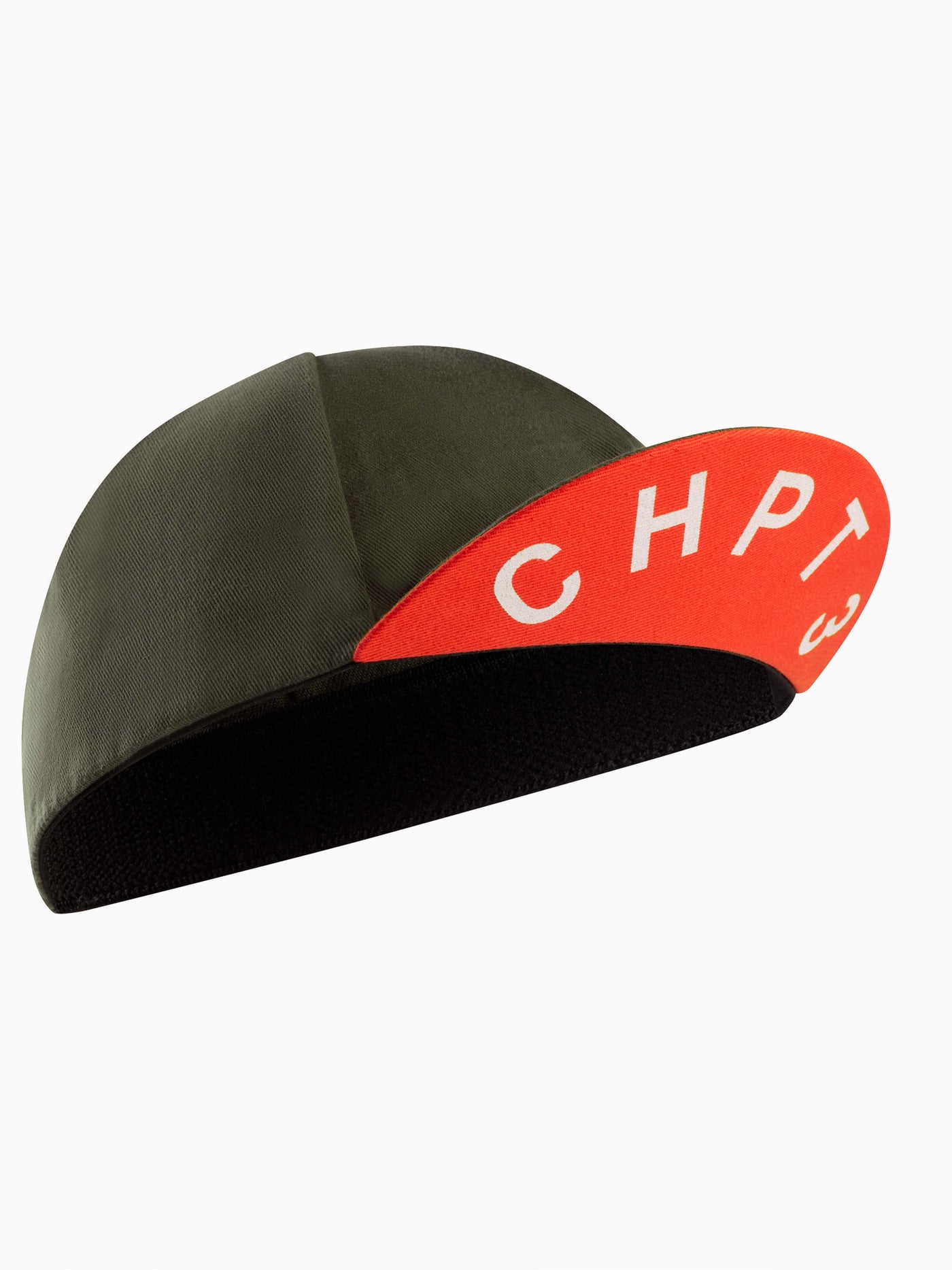 CHPT3 cotton cycling cap in Forest Green with peak showing in Fire red #color_forest-green