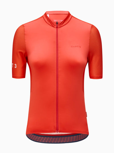 CHPT3 women's short sleeve Aero jersey, in Fire Red, viewed from front #color_fire-red
