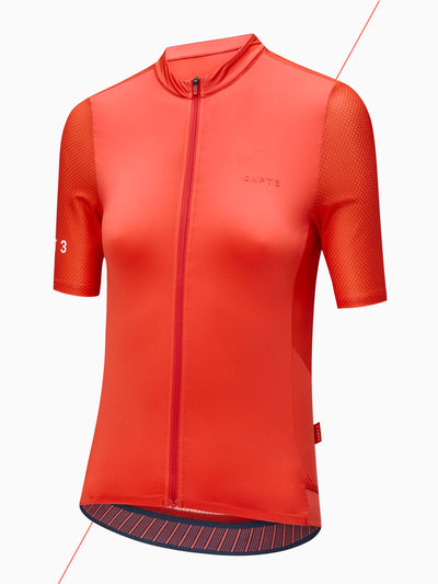CHPT3 women's short sleeve Aero jersey, in Fire Red, viewed from side #color_fire-red